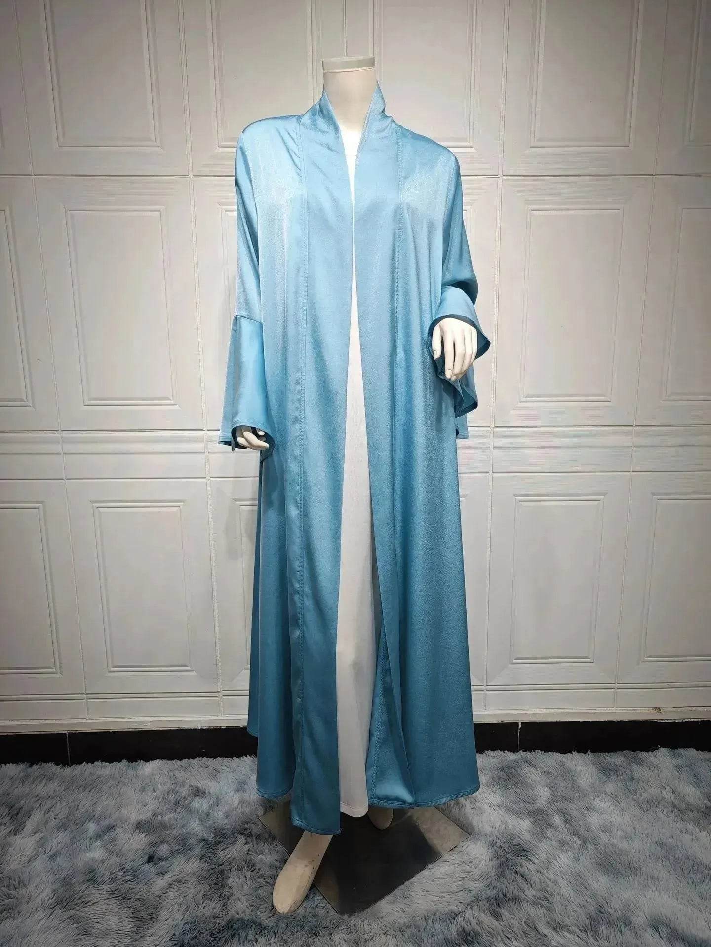 Abaya two piece set Elegant Satin  Plain Color Abaya Kimono Open front Abaya Dubai Abaya wear for Middle East Women - www.Shopthatapp.com
