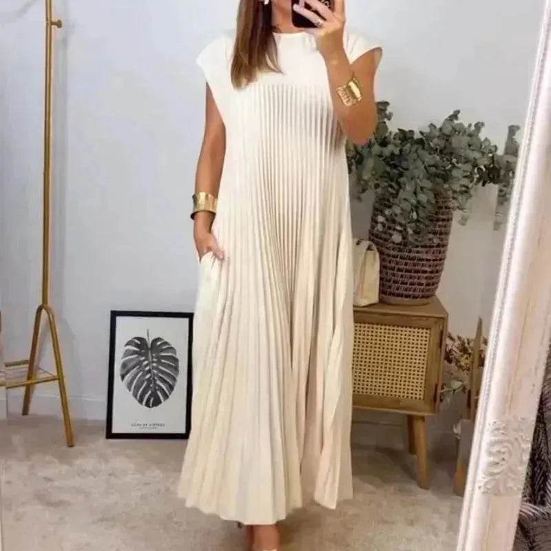 Women Summer Pleated Maxi Dress Casual Short Sleeve Crewneck Flowy Swing Long Dress with Pockets - www.Shopthatapp.com