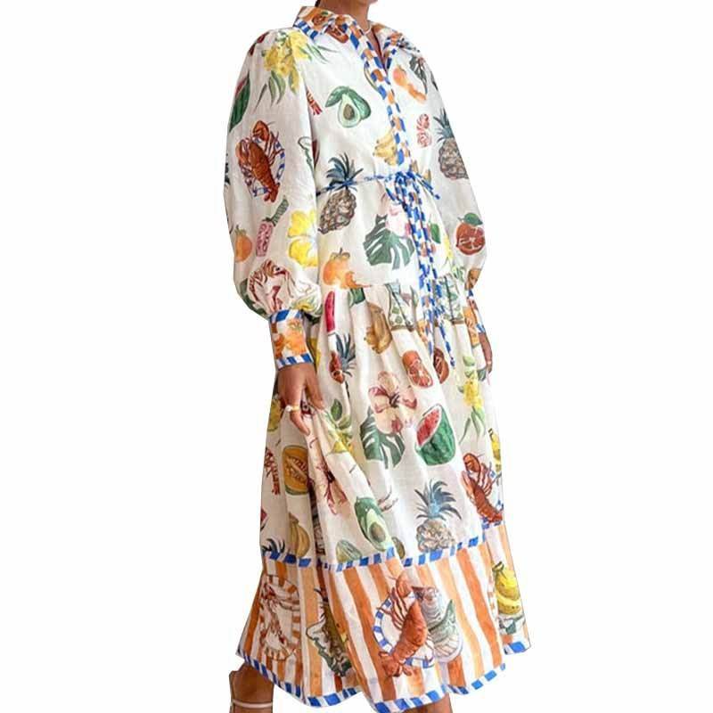 Print Holiday Women Beach Dress With Belts A-Line Long Lantern Sleeve Single Breasted Lapel Seaside Dresses Robe - www.Shopthatapp.com