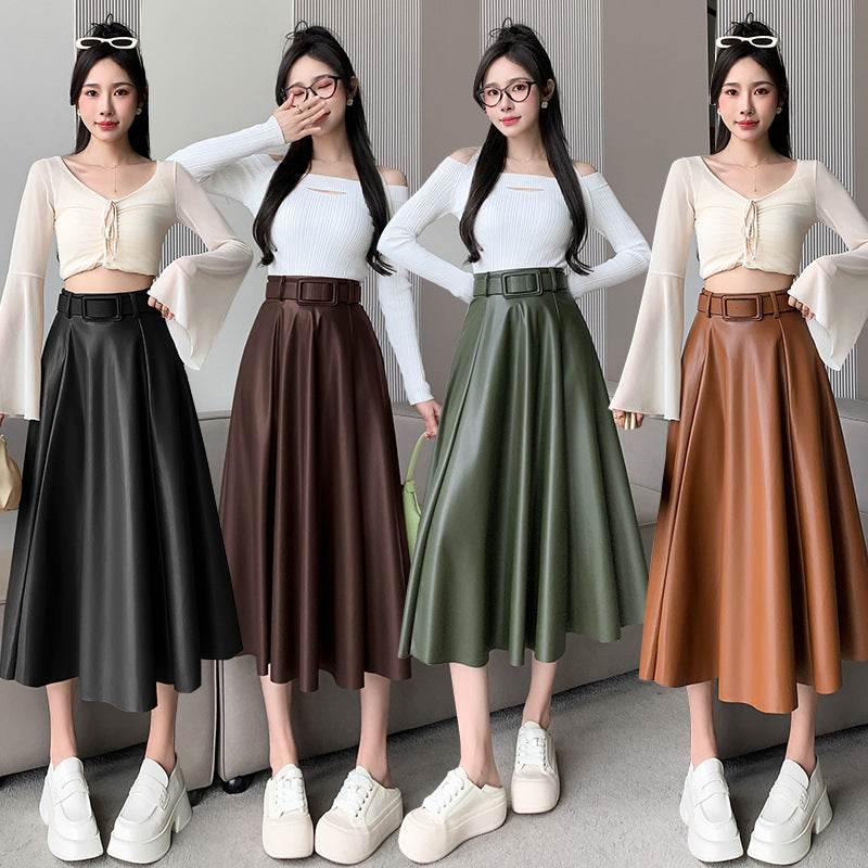 Elegant women High waist Flared Midi PU Leather skirt - www.Shopthatapp.com