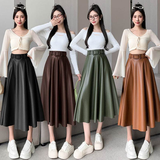 Elegant women High waist Flared Midi PU Leather skirt - www.Shopthatapp.com