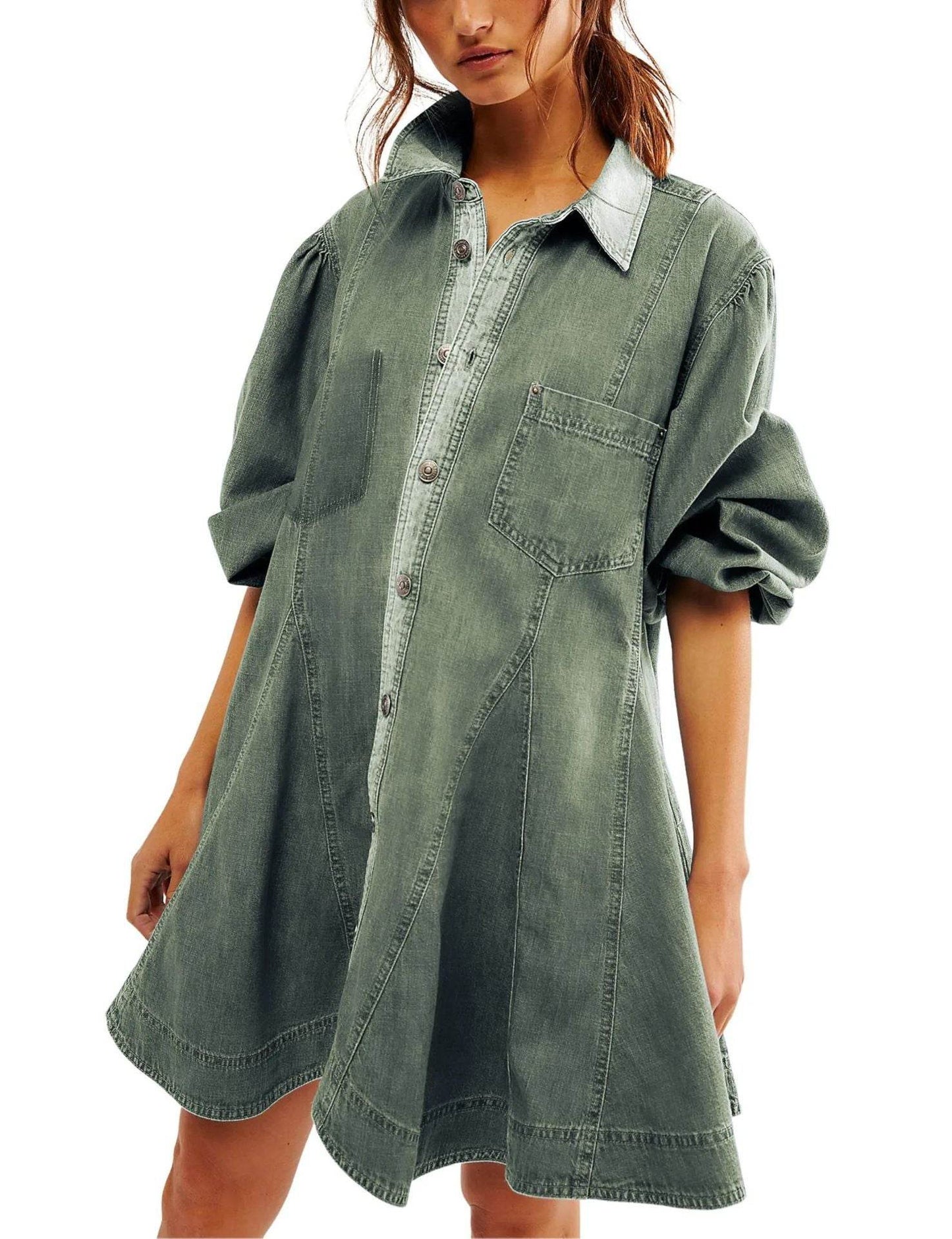 Women's Long Lantern Sleeve Button Denim Dress - www.Shopthatapp.com