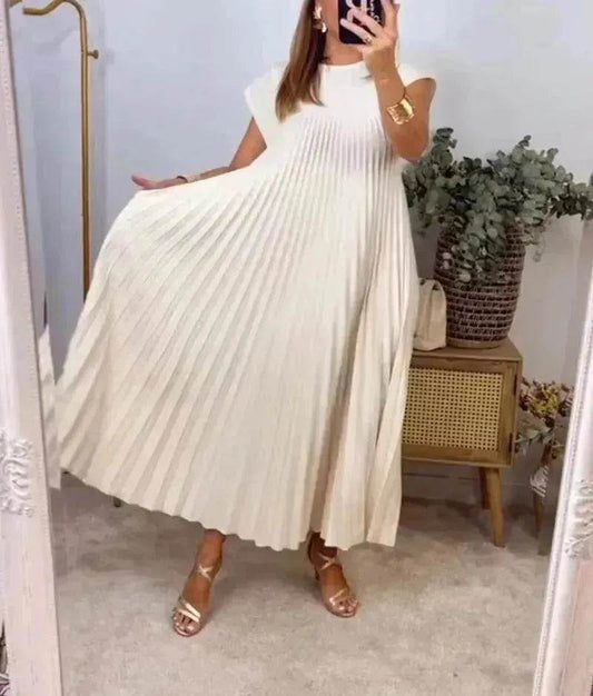 Women Summer Pleated Maxi Dress Casual Short Sleeve Crewneck Flowy Swing Long Dress with Pockets - www.Shopthatapp.com
