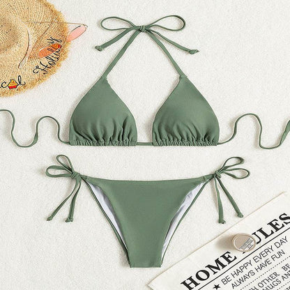 Pure Color Tied Halter Bikini Swimsuit - www.Shopthatapp.com