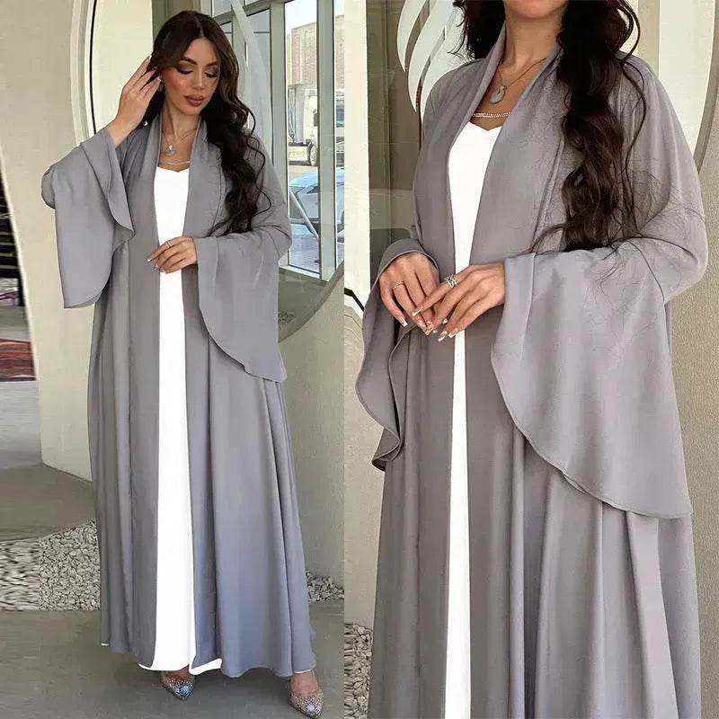 Abaya two piece set Elegant Satin  Plain Color Abaya Kimono Open front Abaya Dubai Abaya wear for Middle East Women - www.Shopthatapp.com