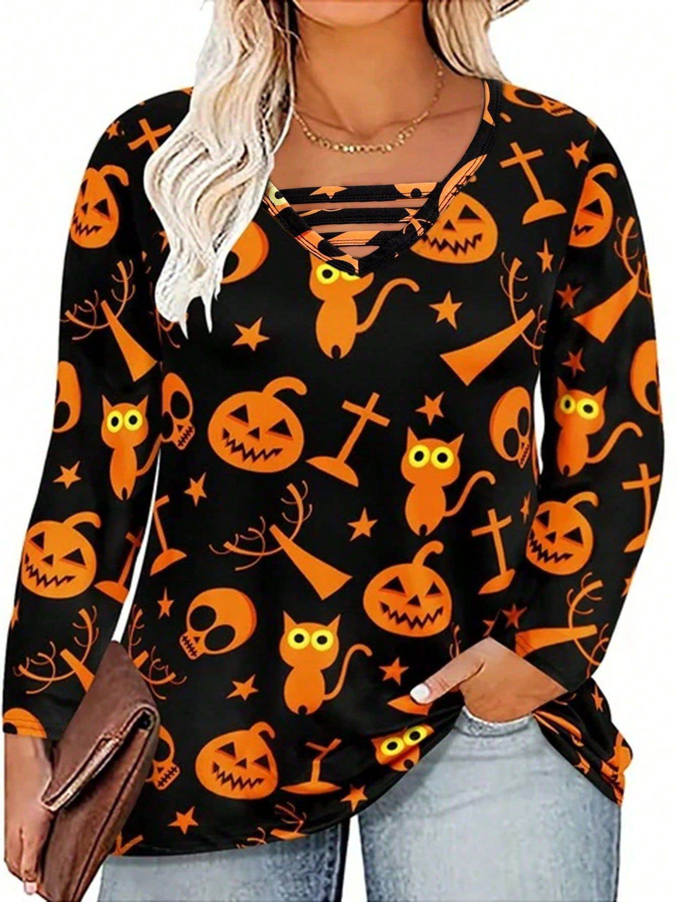 Digital Printing Halloween Round Neck Long Sleeve Plus Size T-shirt - www.Shopthatapp.com