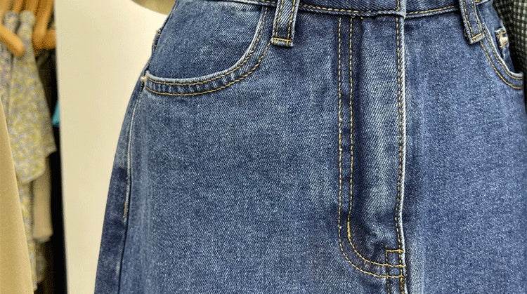 Casual Front Slit Dark Blue and Light Blue Denim Midi Skirt for women - www.Shopthatapp.com