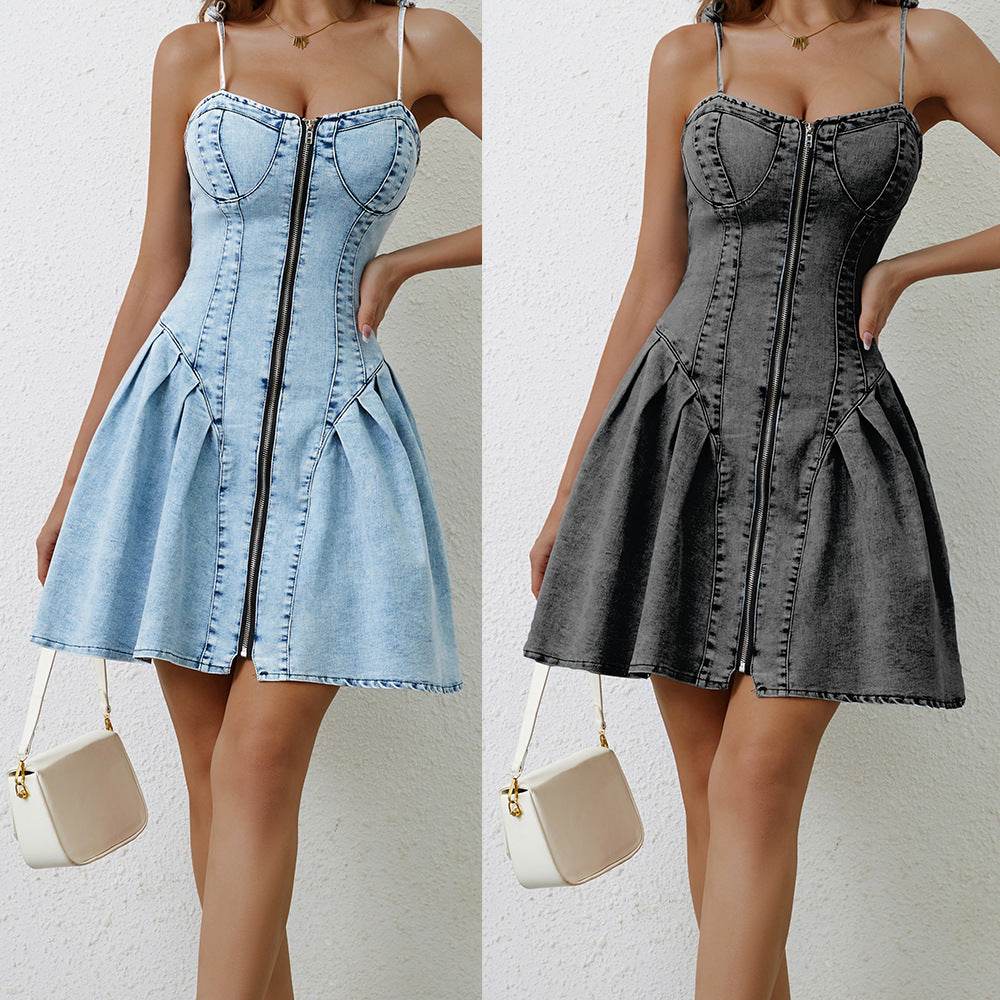 Chic Personality Street Splicing Sling Denim Mini Dress - www.Shopthatapp.com