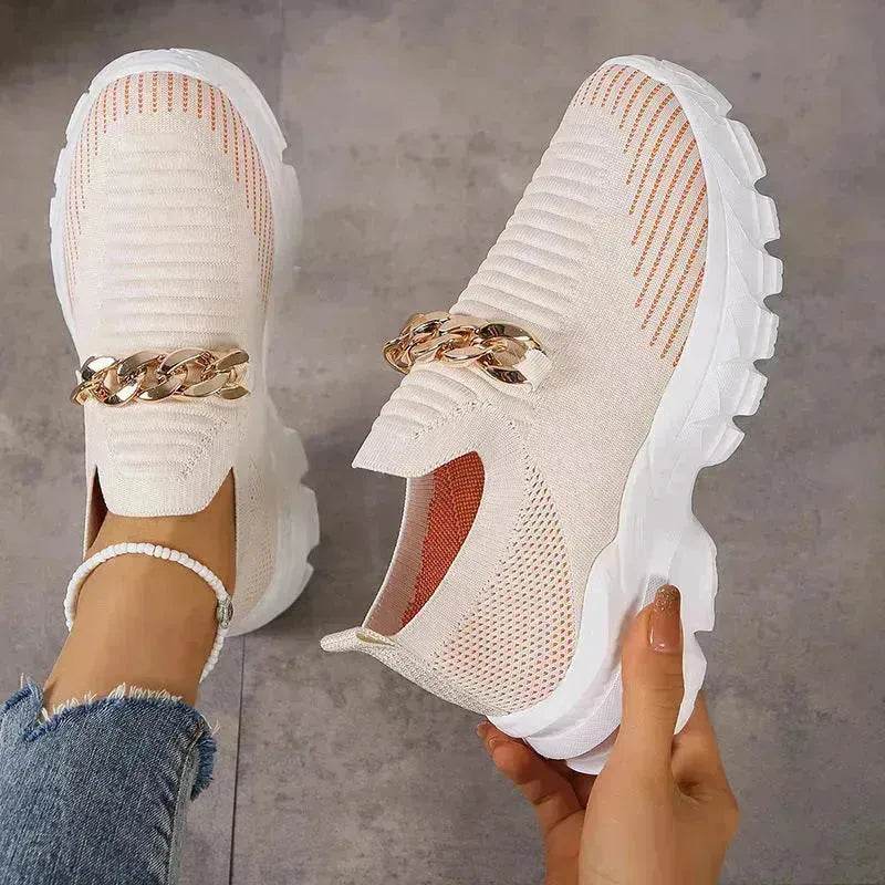 Fashion Chain Design Mesh Shoes For Women Breathable Casual Soft Sole Walking Sock Slip On Flat Chunky Sneakers Shoes for Women - www.Shopthatapp.com