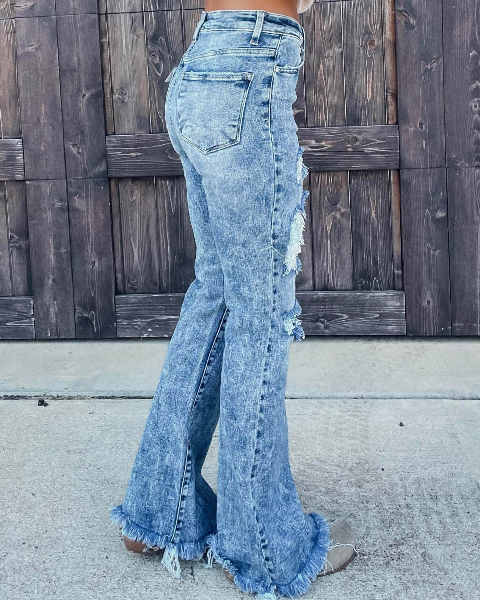 Blue Denim Ripped Flare Jeans pant for Women Raw Hem Pant - www.Shopthatapp.com