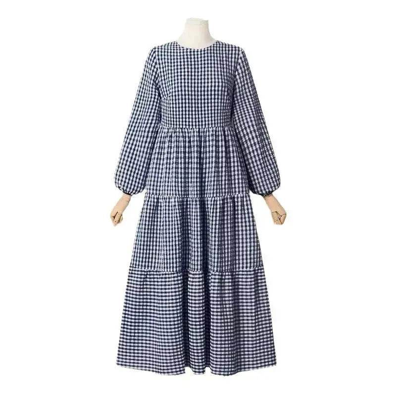 Middle East Plaid Long Sleeve Elastic Sleeve Round Neck Loose Waist Casual Dress Checked Casual dress for Arabfor Women - www.Shopthatapp.com