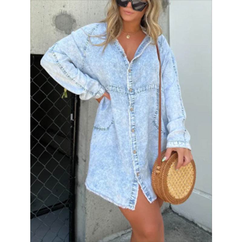 Women's Denim Washed Loose Shirt Dress - www.Shopthatapp.com