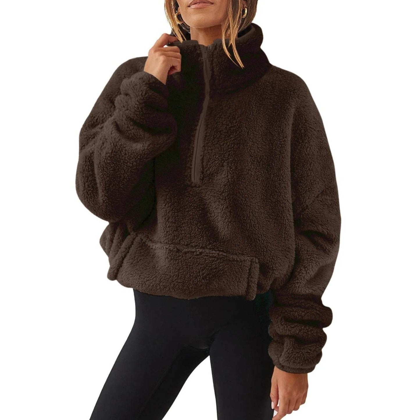 European And American Velvet Fleece-lined Women's Half Zipped Stand Collar Sweater - www.Shopthatapp.com