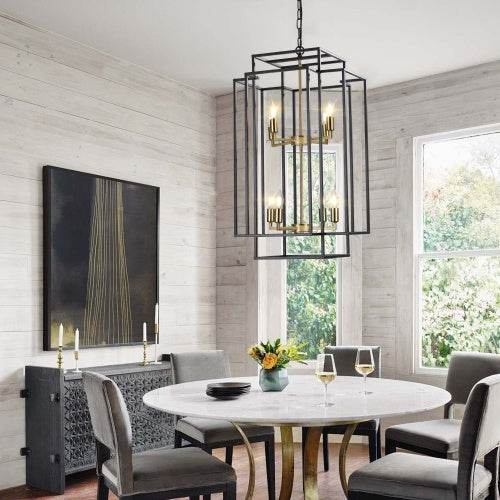 8 Lights Black & Gold Lantern Tiered Chandelier, Industrial Farmhouse Chandelier - No Bulbs - www.Shopthatapp.com