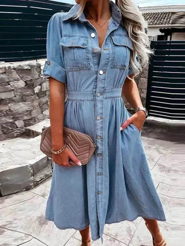 Women's Lapel Breasted Slim-fit Slimming Temperament Blue Denim Midi Skater Dress - www.Shopthatapp.com