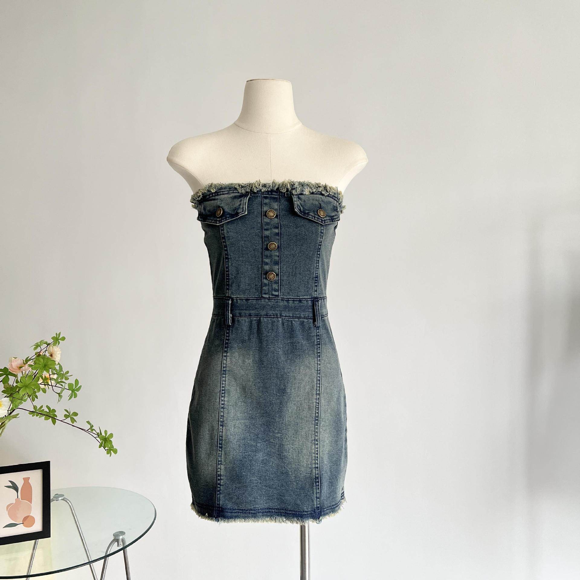 Design Waist-tight Tube Top Raw Edge Denim jeans mini club Dress - www.Shopthatapp.com