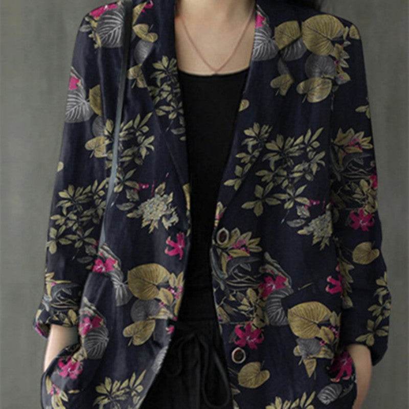 Women's floral Cotton Linen jacket Pocket Blazer - www.Shopthatapp.com