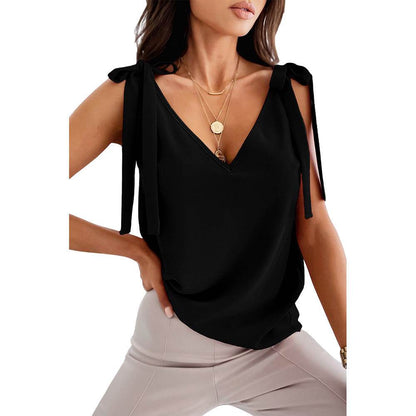 Bowknot Tie Up V-neck top Women Summer Sleeveless Blouse Tops - www.Shopthatapp.com
