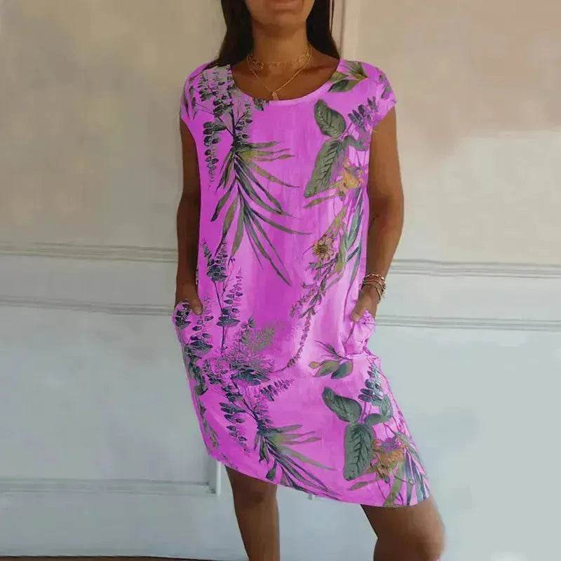 Casual Floral Printed Straight Dress Summer Loose Round Neck Short Sleeve Midi Dresses Womens Clothing - www.Shopthatapp.com