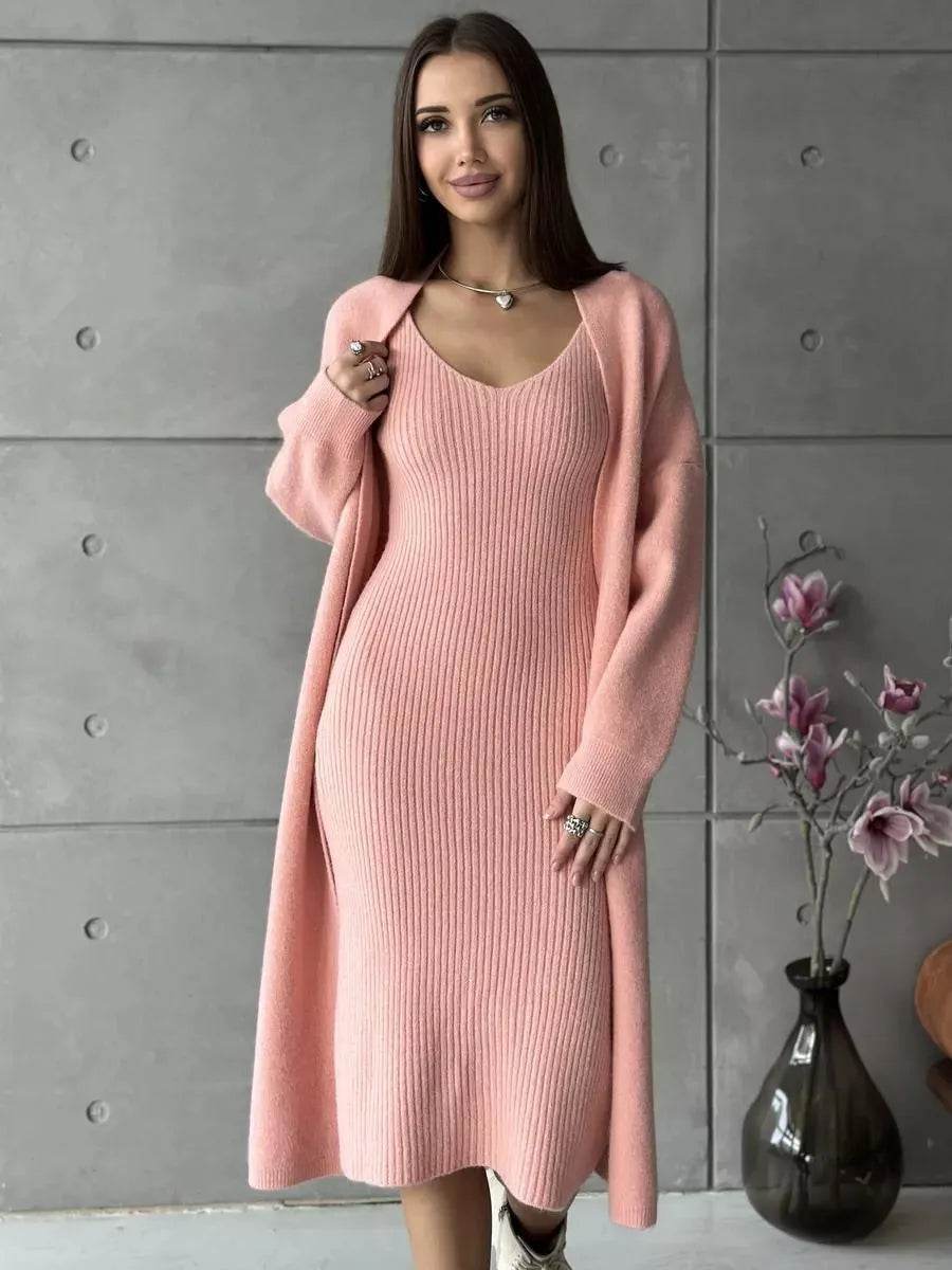 Women 2pcs Winter outfit set  Long dress Cashmere Long Cardigan Jacket - www.Shopthatapp.com
