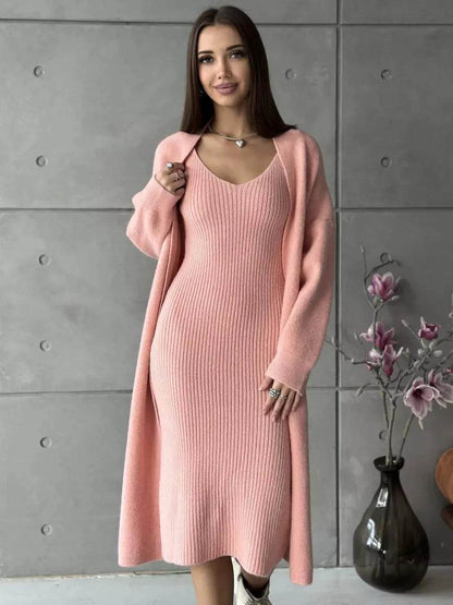 Women 2pcs Winter outfit set  Long dress Cashmere Long Cardigan Jacket - www.Shopthatapp.com