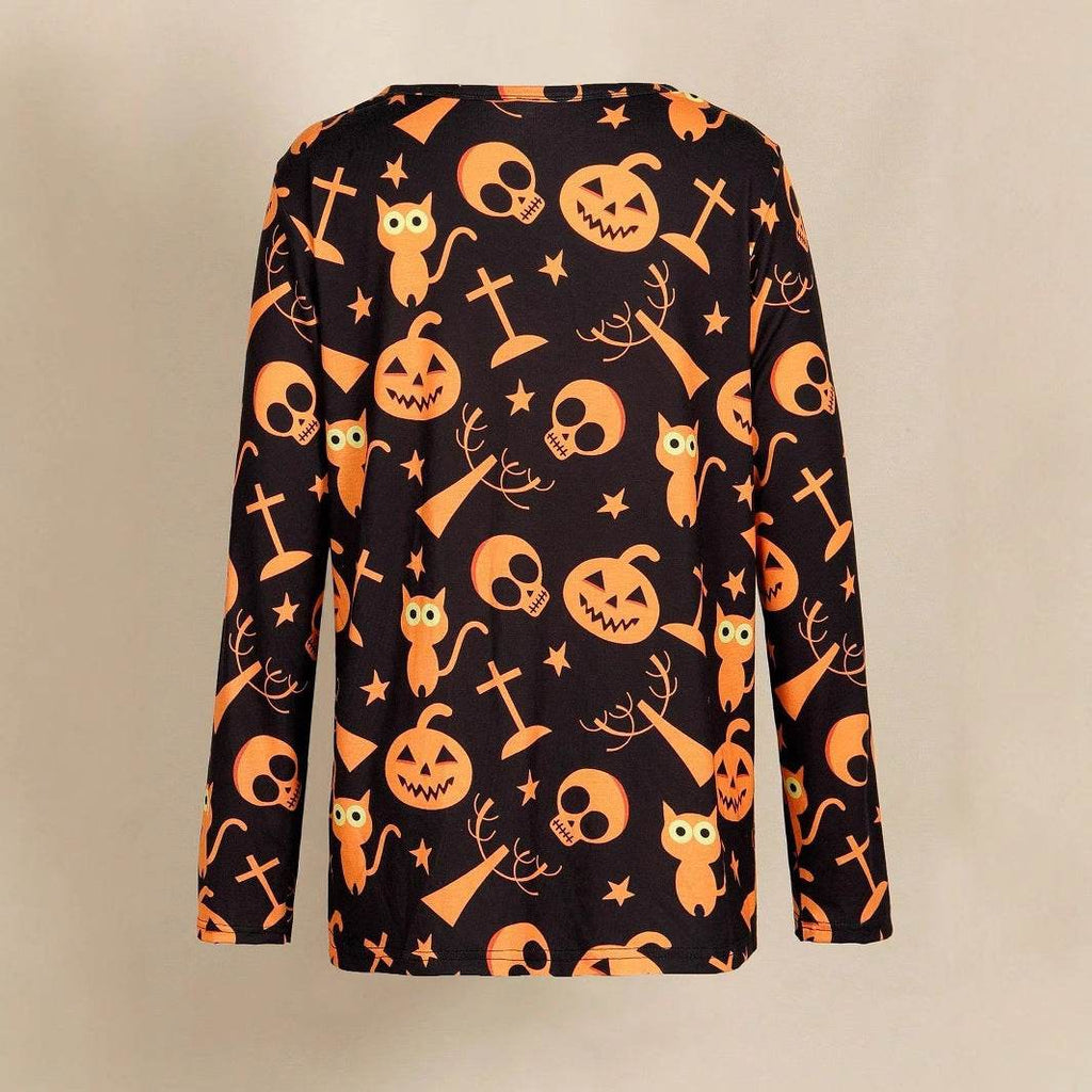 Digital Printing Halloween Round Neck Long Sleeve Plus Size T-shirt - www.Shopthatapp.com