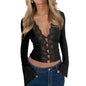 Slim V-neck Lace Button Shirt tank top Ins Fashion Trumpet Sleeve Long-sleeved Top Women Clothing - www.Shopthatapp.com