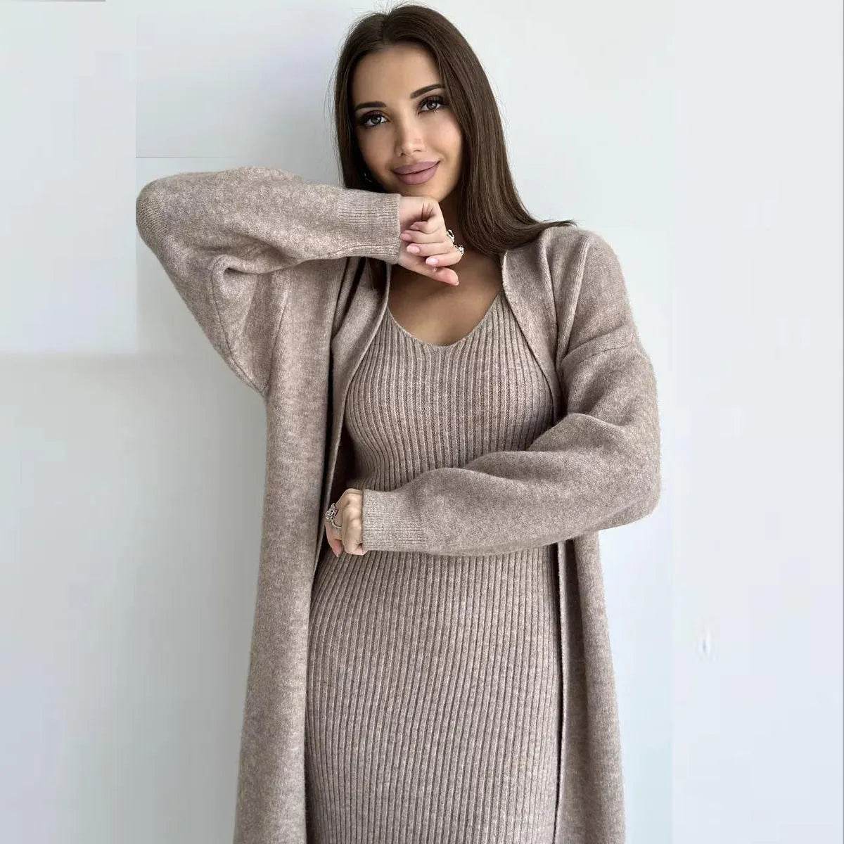 Women 2pcs Winter outfit set  Long dress Cashmere Long Cardigan Jacket - www.Shopthatapp.com