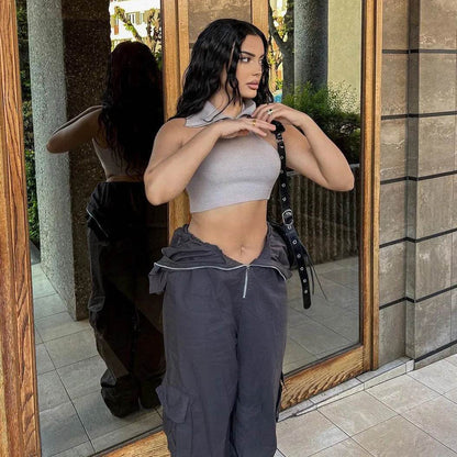 Solid Color High-waisted Zipper V Loose Straight Pocket Street fashion Cargo Pants Women - www.Shopthatapp.com