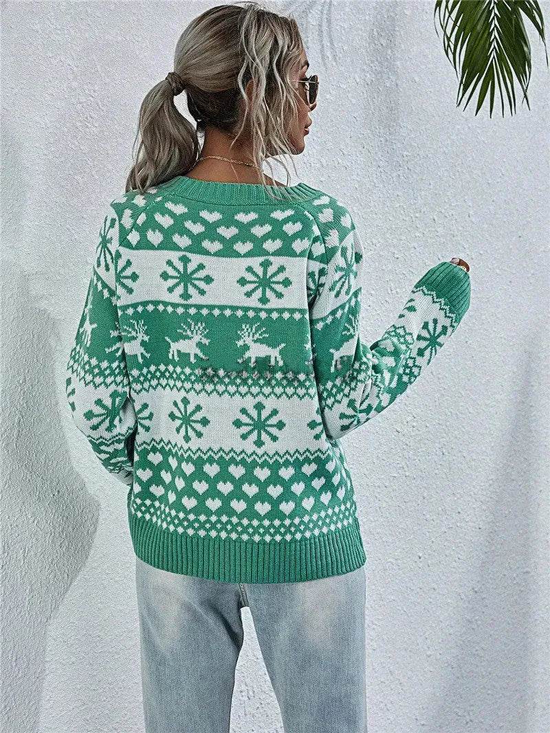 Elk Autumn And Winter New Knitted Round Neck Women's Christmas Snowflake Pullover Women's Sweater - www.Shopthatapp.com