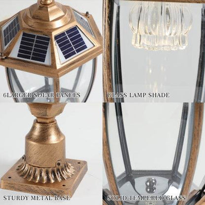 Vintage Gold Solar Pillar Headlight With Dimmable LED-2 Pack Landscape Pathway Light - www.Shopthatapp.com