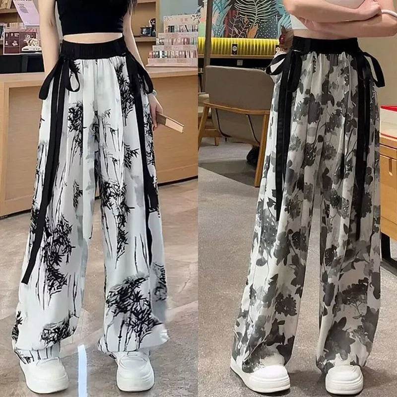 New Painting Ice Silk Wide-leg Baggy Trouser Pants Summer Women - www.Shopthatapp.com