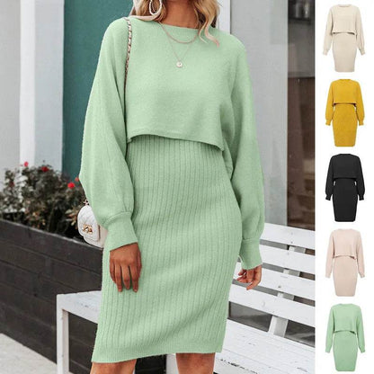 Women 2pcs Winter Outfit Cashmere dress Cropped Pullover top - www.Shopthatapp.com