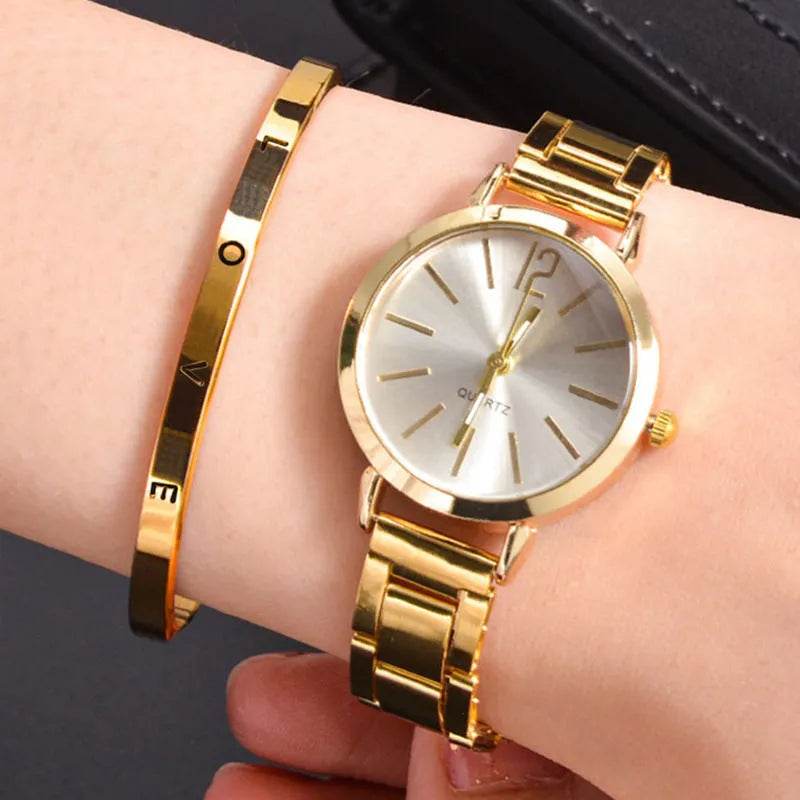 2pcs Narrow Strap Steel Strap Bracelet and  Quartz Watch women - www.Shopthatapp.com