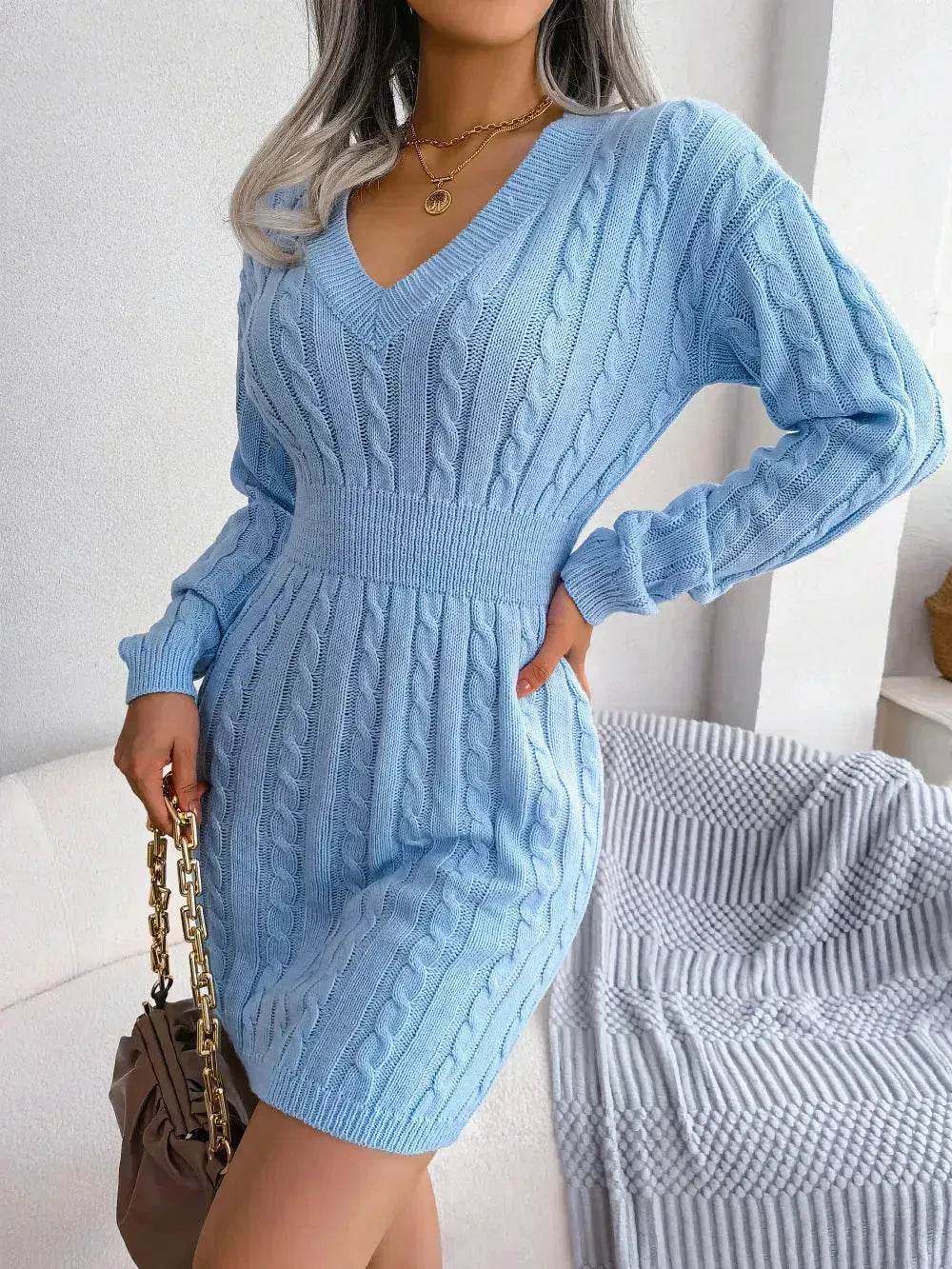 Solid Color V-Neck Long Sleeve Slim fit Winter Knit Mini  sweater Dress Slim - www.Shopthatapp.com