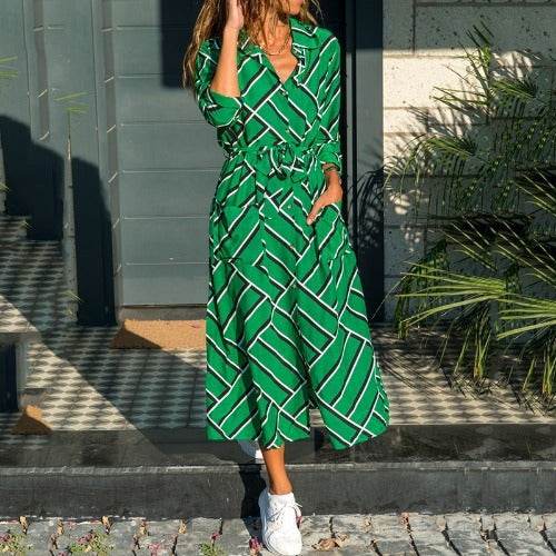 Stripe Shirt Women's Dress Spring Summer Chiffon V-neck Sexy Maxi Dresses Sexy Elegant Casual Girl Lace Women Long Sleeve - www.Shopthatapp.com