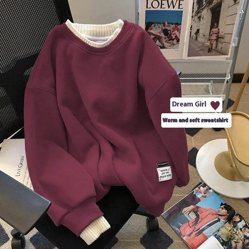 Women Round-neck With Fleece Lining Thick Fake Two Pieces Long Sleeve Loose Hoodie Sweatshirt - www.Shopthatapp.com
