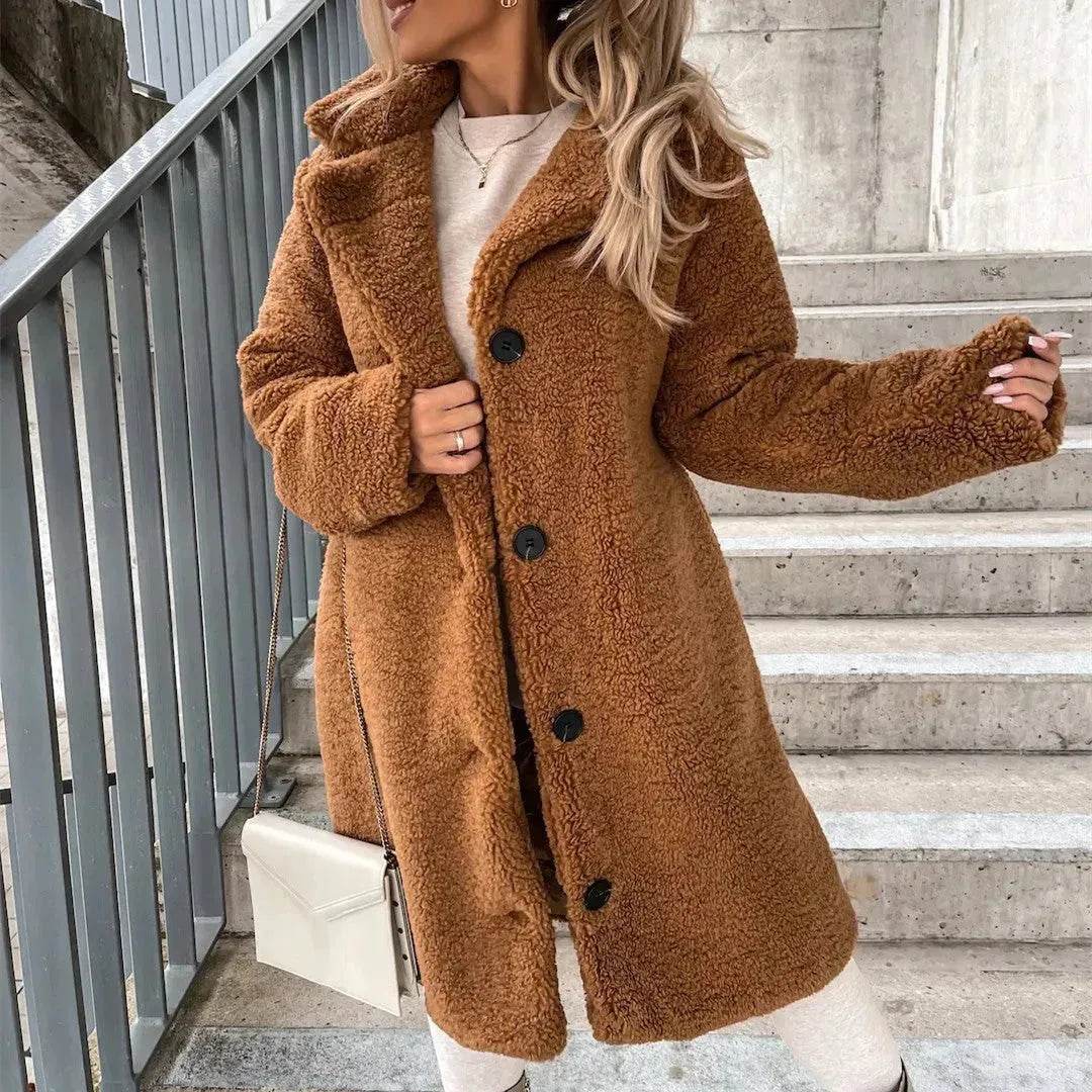 Buy Women's Long-sleeved Lapel Plush Fleece sherpa button Long Winter Overcoat - www.Shopthatapp.com