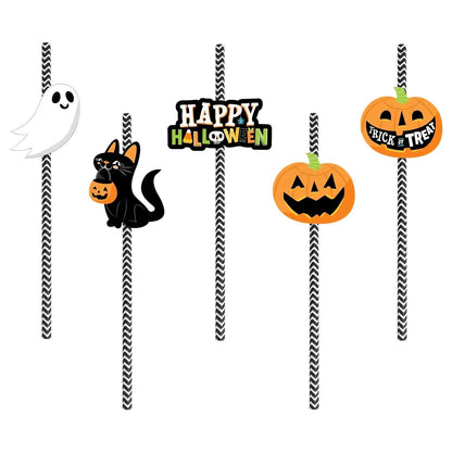 Set Of 25Pcs Halloween Party Striped Decorative Straws Disposable Drinking Straws Paper Straw Decor Happy Halloween Ghost Lantern Black Cat Halloween Party Supplies - www.Shopthatapp.com