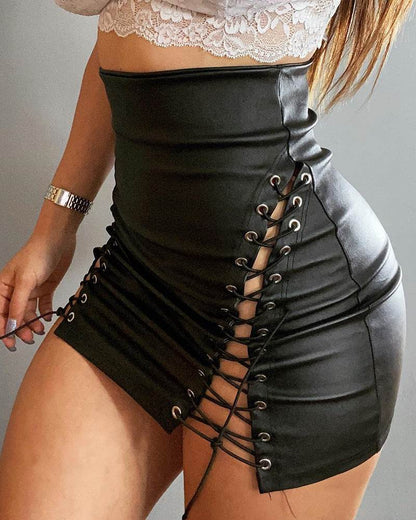 Women's High Waist Side Lace-up Tight Leather Mini Skirt - www.Shopthatapp.com