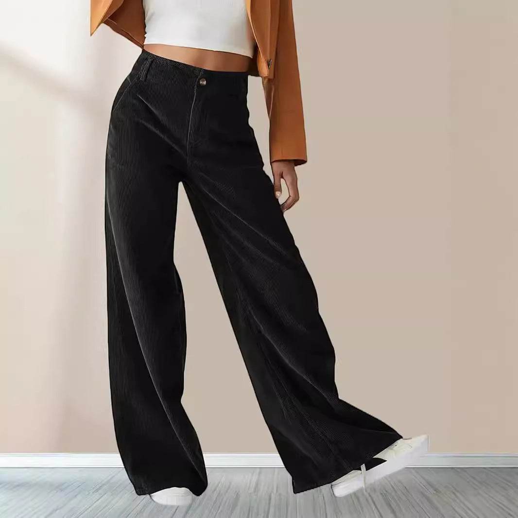 High Waist Drooping Slimming Casual Straight Pants Women's Corduroy Trousers - www.Shopthatapp.com