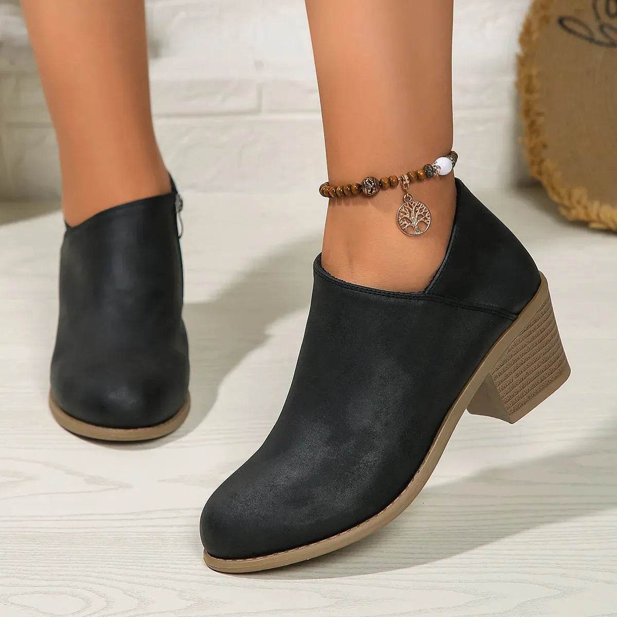 Chunky Heel Round Toe Ankle Boots With Side Zipper Design Fashion Fall Winter Short Boots For Women Shoes - www.Shopthatapp.com