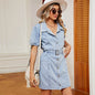 Women's Washed Belt button down Denim jeans mini short sleeve Dress - www.Shopthatapp.com