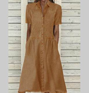 Women's European And American Lapel Casual loose button down Midi Denim jeans Mum Dress - www.Shopthatapp.com