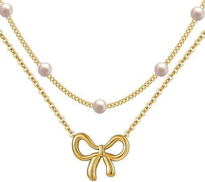 Simple Pearl Double Layer Choker Fashion Gold Color Necklaces Chain Small Bow Pendant Necklace Jewelry Gifts For Women Fashion Jewelry Valentine's Day Gifts - www.Shopthatapp.com