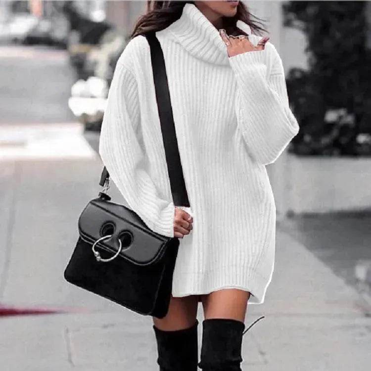 Autumn Winter Solid Cashmere oversized Knitted Mini Turtleneck Sweater Dress - www.Shopthatapp.com