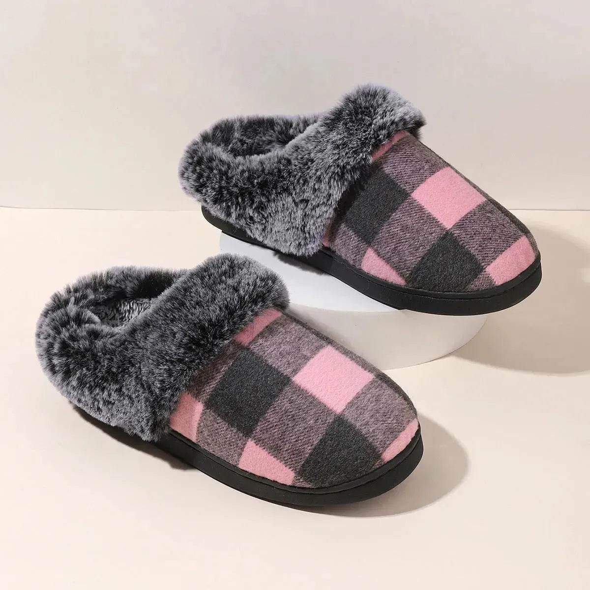 Winter Warm Plaid Plush Slippers Home Indoor Non-slip Bedroom Floor Soft Fuzzy Slipper For Couple Fashion Solid House Shoes - www.Shopthatapp.com