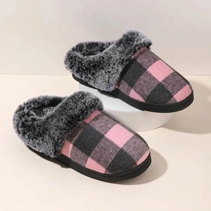 Winter Warm Plaid Plush Slippers Home Indoor Non-slip Bedroom Floor Soft Fuzzy Slipper For Couple Fashion Solid House Shoes - www.Shopthatapp.com