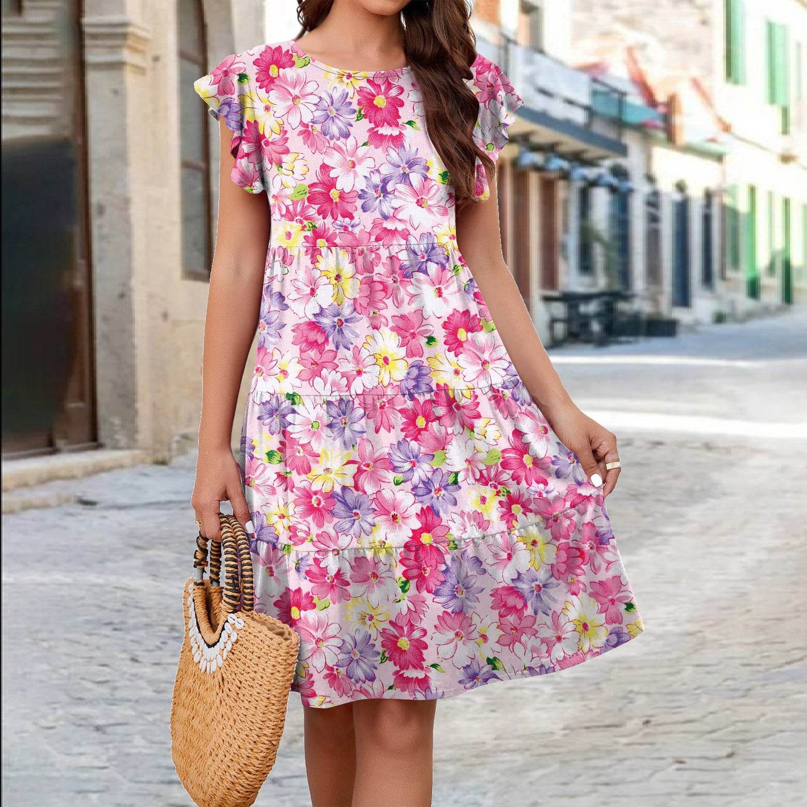 Ruffle Sleeve Dress Summer Loose Flower Print Beach Dresses Sweet Skirt Women - www.Shopthatapp.com