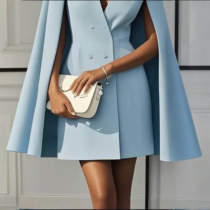 Formal V Neck Double-Breasted Mini Cape Sleeve Dress - www.Shopthatapp.com